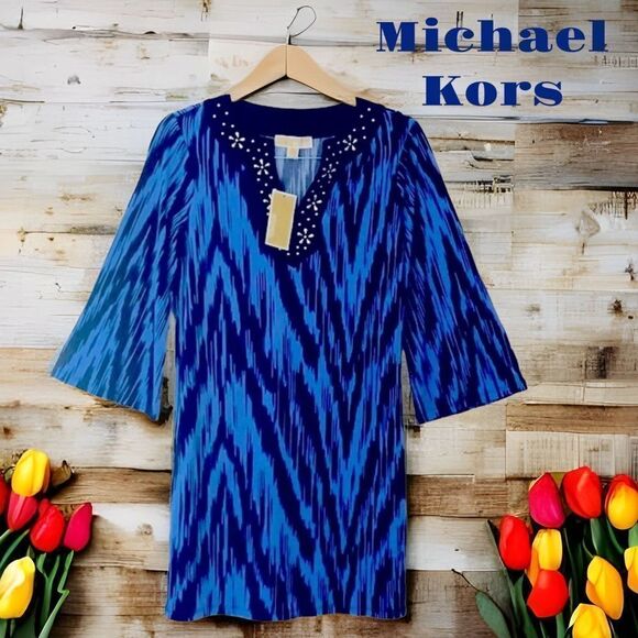 MICHAEL KORS SHIFT DRESS CREW BLUE PETITE GOLD TONE DETAIL NECKLINE - Picture 1 of 12